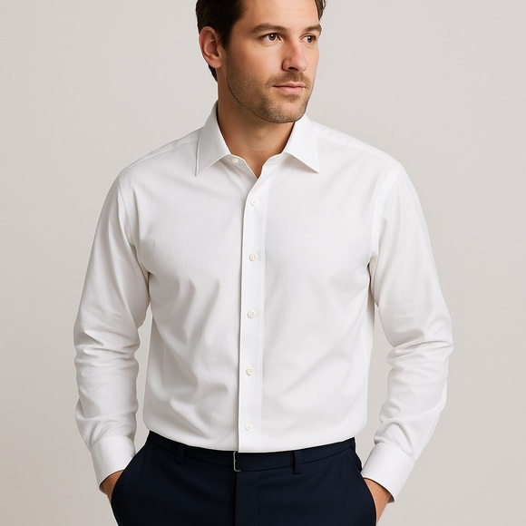 David Donahue White Cotton Ribbed Classic Fit Button-Up Mens Shirt 18/34-35 - Picture 1 of 11